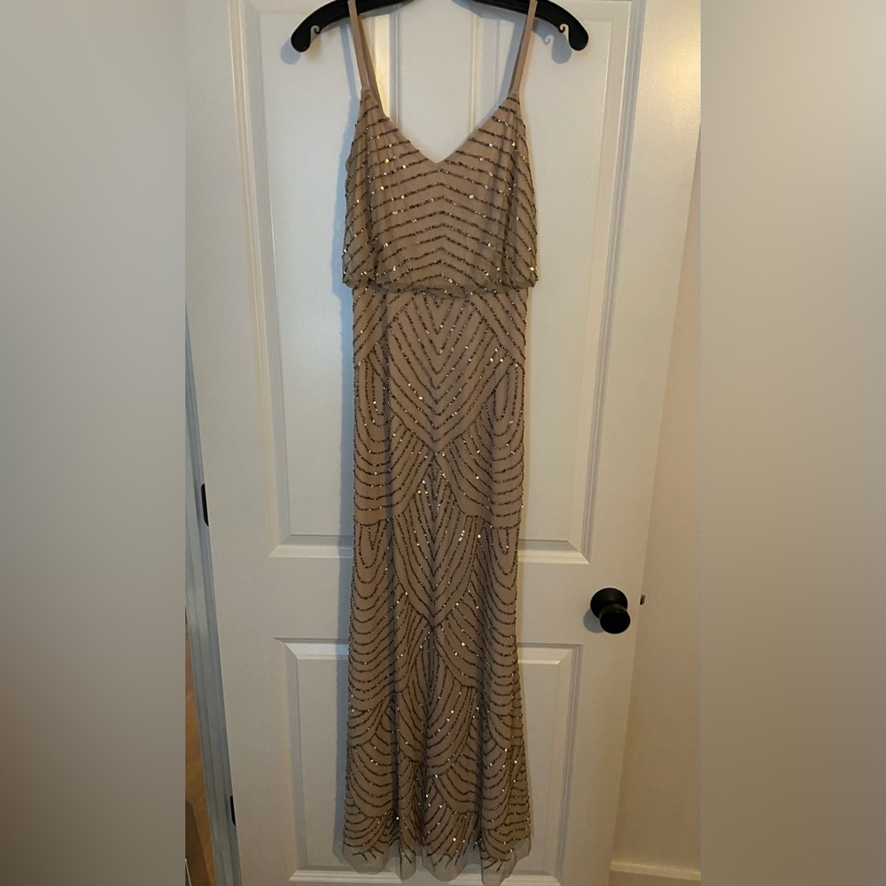 Adrianna Papell Nude Sequin with Beaded Overlay Blouson Formal Dress